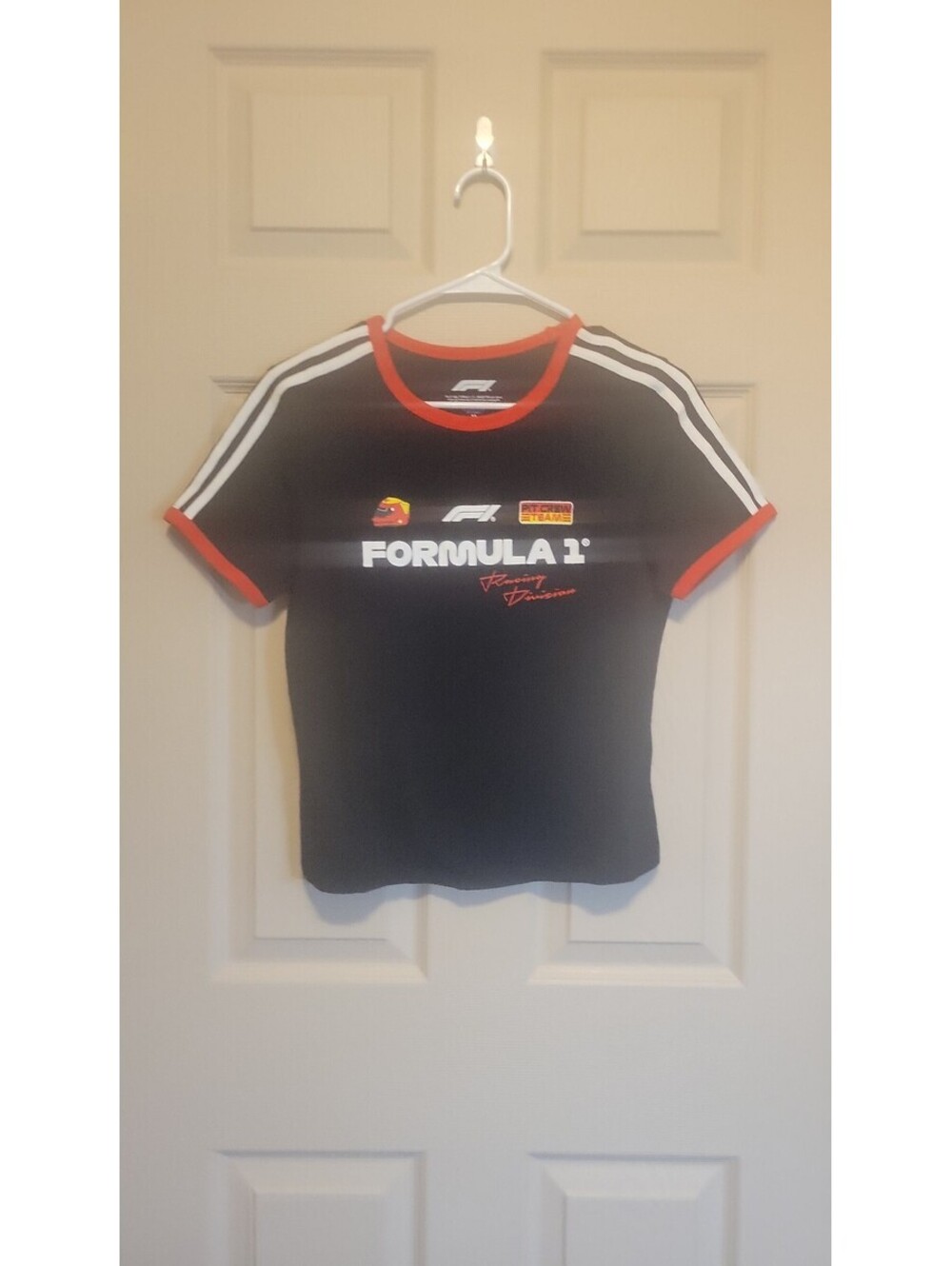 Formula 1 Racing Division Black T-Shirt with Red Trim and White Stripes